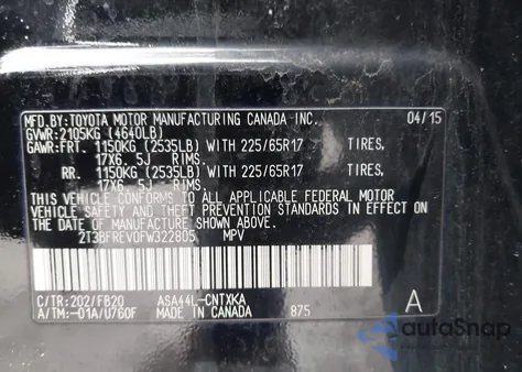 2015 Toyota Rav4 Le z USA, uszkodzony, nr VIN 2T3BFREV0FW322805